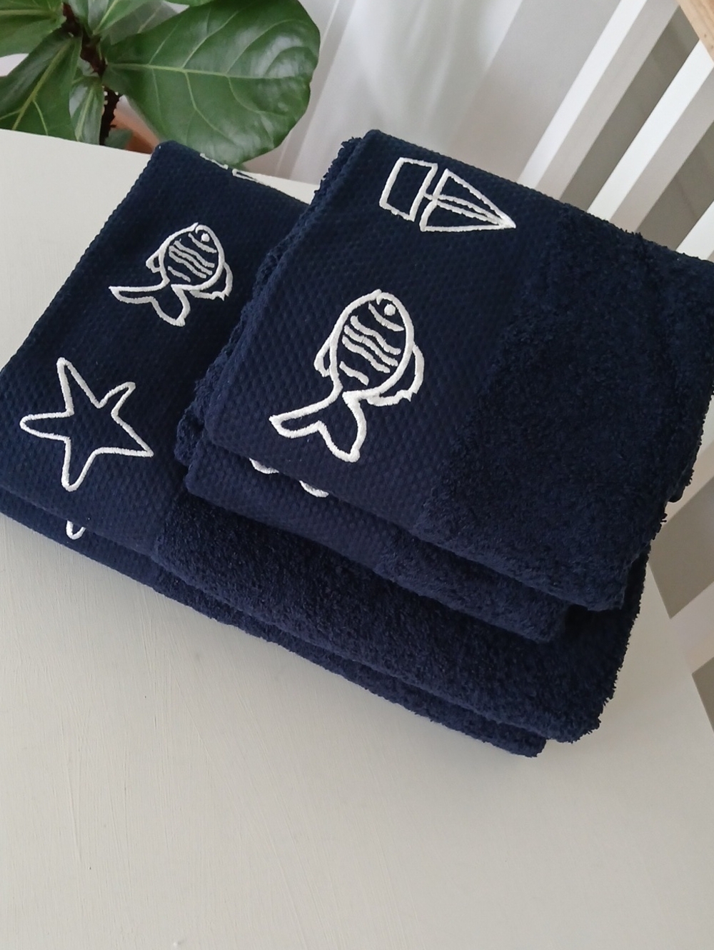 Navy Blue Bath Hand Towels Embroidered Fish Sailboat Starfish Set Of 4